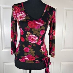 Eyeshadow Floral Long Sleeve Top with Tie Detail Valentine Top